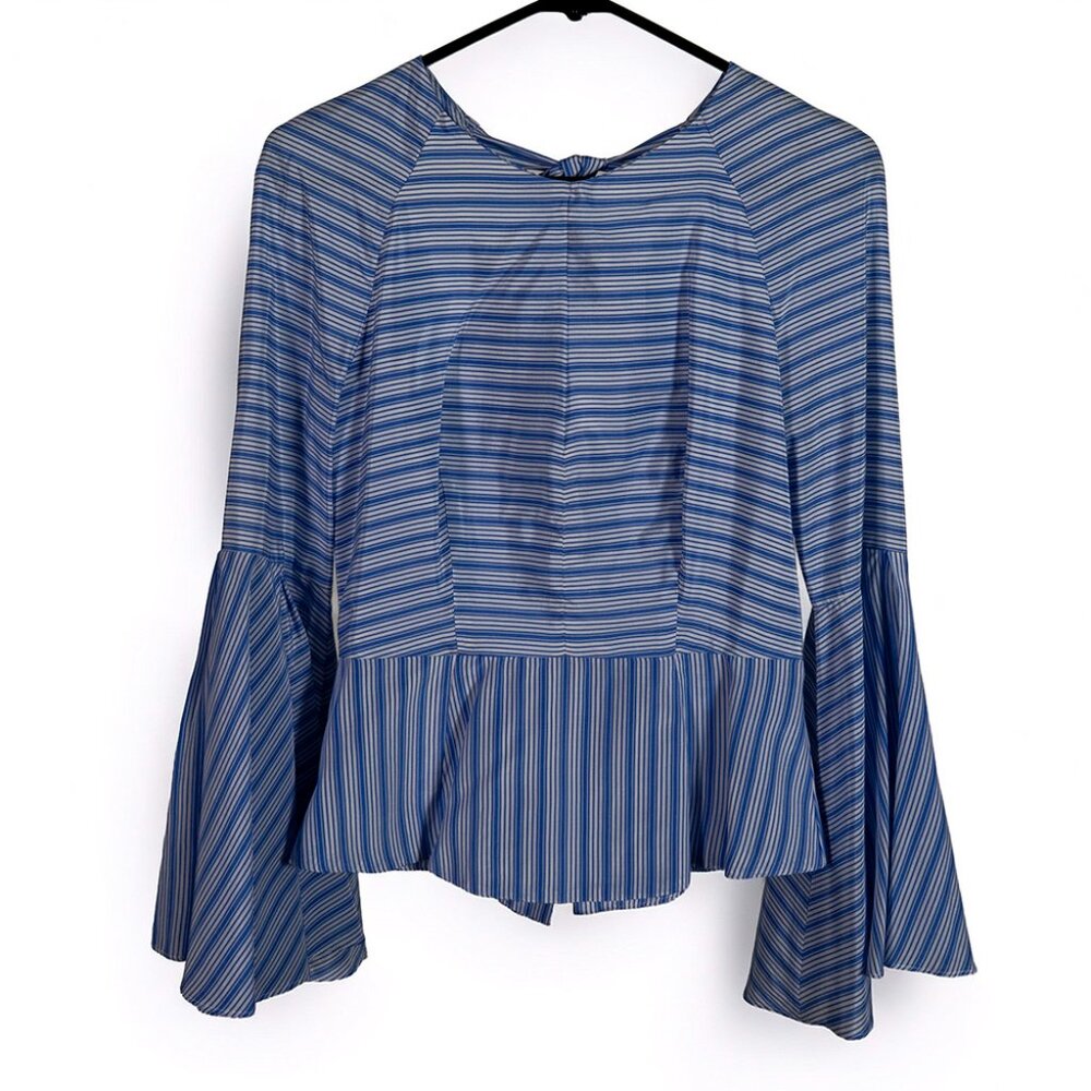 Milly Striped Bell Sleeve Blouse Size 4 Blue White Tie Back Peplum Designer Top